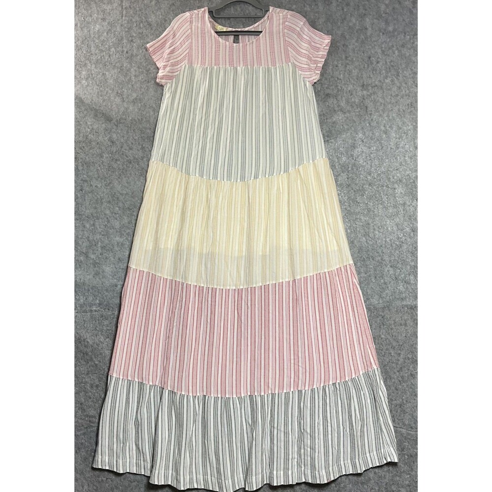 Kori America Dress Womens Medium Multicolor Striped Tiered Maxi Boho Cottage